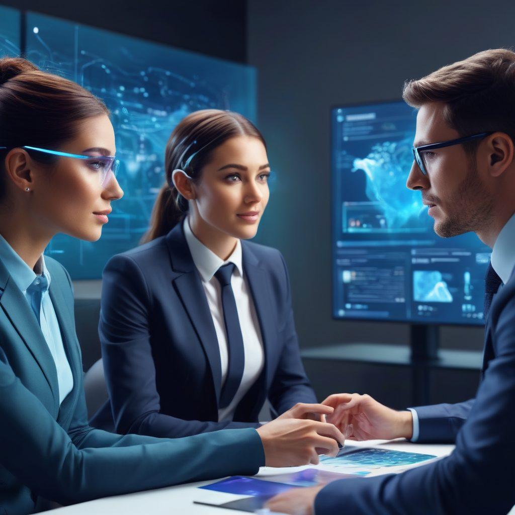 A futuristic job recruitment scene showcasing emotion and insight, featuring diverse candidates engaging in interactive interviews with AI holograms displaying emotional analytics. Include vibrant facial expressions reflecting joy, confidence, and determination, set in a modern, sleek office space with digital screens showing data insights. The atmosphere should feel innovative and inviting, emphasizing human connection with technology. super-realistic. vibrant colors. 3D.