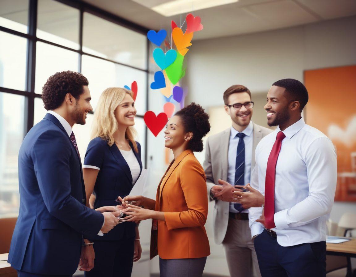 A warm, inviting scene depicting a diverse group of professionals engaging in a meaningful discussion, with a backdrop of a modern office environment showcasing teamwork and collaboration. Include elements symbolizing career growth such as upward arrows or ladders, intertwined with hearts to represent affection and care in staffing. The atmosphere should exude positivity and professionalism. super-realistic. vibrant colors. soft focus.