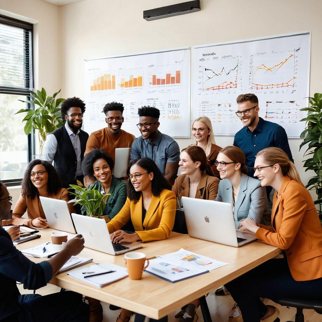 A diverse group of professionals in an office environment joyfully collaborating and sharing ideas, surrounded by symbols of growth like plants and upward arrows. A warm color palette enhances the theme of affection and support. Include elements such as open laptops, charts, and coffee cups to depict teamwork and innovation. super-realistic. warm colors. white background.